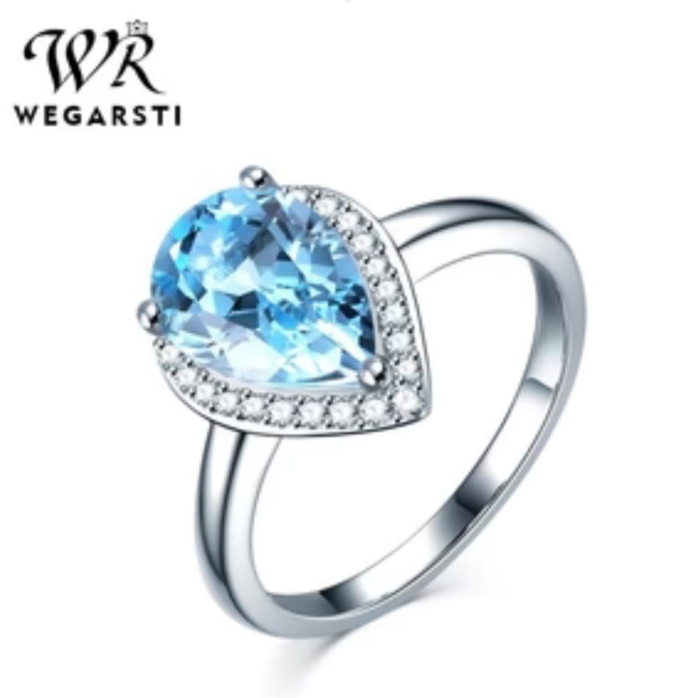 Wegarsti S925 Sterling Silver Pear Ring With Water Drop Shaped Aquamarine CZ